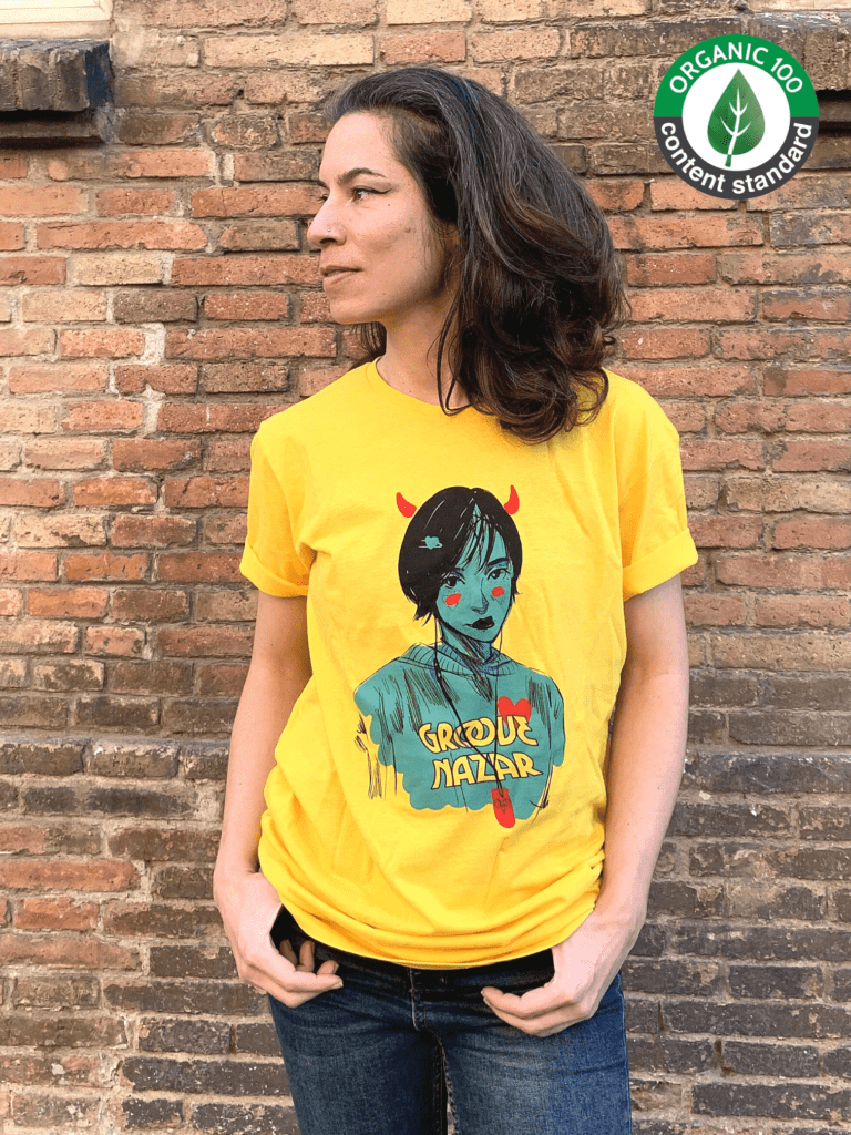 Female model wearing Groove Nazar Witchgirl T shirt